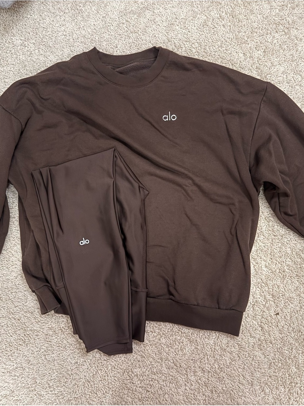 ALO Yoga Women's Crewneck Sweatshirt + Airlift Legging in Espresso Set